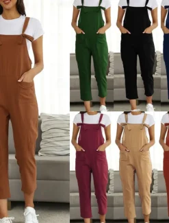Best Women's Pants Trousers Jumpsuit Rompers Lightweight Casual Ankle-Length Mid Rise Plain Pocket Breathability Comfortable Inelastic Home Casual Daily claret Deep Green Navy Black Summer Spring Regular Women Overalls