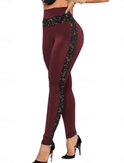 Hot Women's Pants Trousers Leggings Fashion Sexy Casual Full Length High Waist Plaid Lace Patchwork Breathability Comfortable Micro-elastic Outdoor Yoga Daily Wear Wine Black Brown Dark Blue Fall Winter Women Leggings