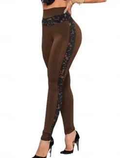 Hot Women's Pants Trousers Leggings Fashion Sexy Casual Full Length High Waist Plaid Lace Patchwork Breathability Comfortable Micro-elastic Outdoor Yoga Daily Wear Wine Black Brown Dark Blue Fall Winter Women Leggings