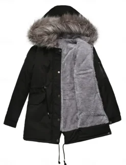 Outlet Women's Parka Warm Breathable Zipper Pocket Fur Collar Fleece Lined Casual Plain Vacation Street Daily Wear Going out Zipper Regular Hoodie Regular Fit Long Sleeve Outerwear Black Pink Red Fall Winter Women Puffers & Parka