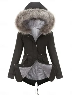 Outlet Women's Parka Warm Breathable Zipper Pocket Fur Collar Fleece Lined Casual Plain Vacation Street Daily Wear Going out Zipper Regular Hoodie Regular Fit Long Sleeve Outerwear Black Pink Red Fall Winter Women Puffers & Parka