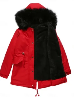 Outlet Women's Parka Warm Breathable Zipper Pocket Fur Collar Fleece Lined Casual Plain Vacation Street Daily Wear Going out Zipper Regular Hoodie Regular Fit Long Sleeve Outerwear Black Pink Red Fall Winter Women Puffers & Parka