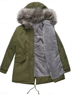 Outlet Women's Parka Warm Breathable Zipper Pocket Fur Collar Fleece Lined Casual Plain Vacation Street Daily Wear Going out Zipper Regular Hoodie Regular Fit Long Sleeve Outerwear Black Pink Red Fall Winter Women Puffers & Parka