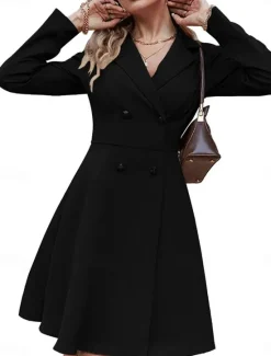 Outlet Women's Party Dress Cocktail Dress Work Dress Button Shirt Collar Long Sleeve Midi Dress Winter Dress Office Formal Black Blue Fall Winter Women Work Dresses