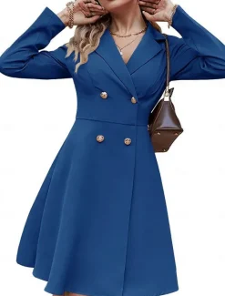 Outlet Women's Party Dress Cocktail Dress Work Dress Button Shirt Collar Long Sleeve Midi Dress Winter Dress Office Formal Black Blue Fall Winter Women Work Dresses