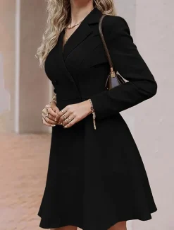 Outlet Women's Party Dress Cocktail Dress Work Dress Button Shirt Collar Long Sleeve Midi Dress Winter Dress Office Formal Black Blue Fall Winter Women Work Dresses
