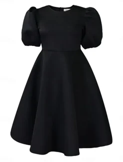 Hot Women's Party Dress Homecoming Dress Cocktail Dress Ruched Crew Neck Short Sleeve Midi Dress Wedding Guest Birthday Black White Summer Spring Women Cocktail Dress