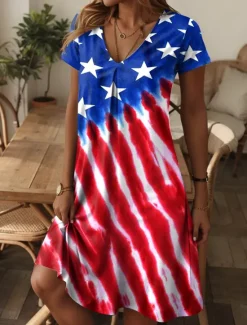 Women's Patriot Veteran Patriotic Dress Mini Dress T Shirt Dress Summer Dress Casual Daily Regular Fit Graphic Flag Red White And Blue Short Sleeve V Neck Blue Women Independence Day Dress
