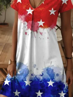 Women's Patriot Veteran Patriotic Dress Mini Dress T Shirt Dress Summer Dress Casual Daily Regular Fit Graphic Flag Red White And Blue Short Sleeve V Neck Blue Women Independence Day Dress