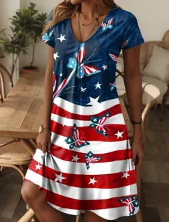 Women's Patriot Veteran Patriotic Dress Mini Dress T Shirt Dress Summer Dress Casual Daily Regular Fit Graphic Flag Red White And Blue Short Sleeve V Neck Blue Women Independence Day Dress