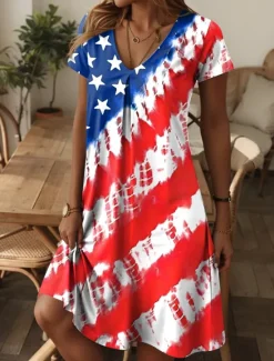 Women's Patriot Veteran Patriotic Dress Mini Dress T Shirt Dress Summer Dress Casual Daily Regular Fit Graphic Flag Red White And Blue Short Sleeve V Neck Blue Women Independence Day Dress