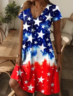 Women's Patriot Veteran Patriotic Dress Mini Dress T Shirt Dress Summer Dress Casual Daily Regular Fit Graphic Flag Red White And Blue Short Sleeve V Neck Blue Women Independence Day Dress