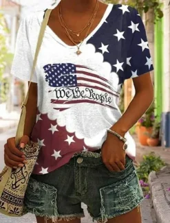 Best Women's Patriot Veteran Patriotic Blouse Flag Casual Red White And Blue Short Sleeve V Neck Regular Tops Daily Print Blue Summer Spring Women Independence Day Top