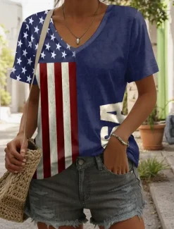 Best Women's Patriot Veteran Patriotic Blouse Flag Casual Red White And Blue Short Sleeve V Neck Regular Tops Daily Print Blue Summer Spring Women Independence Day Top