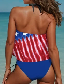 Sale Women's Patriot Veteran Swimsuit Patriotic Tankini 2 Piece Swimsuit Backless Vacation Beach Wear Flag Geometric U Neck Sleeveless Bathing Suits Women Independence Day Swimwear