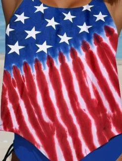Sale Women's Patriot Veteran Swimsuit Patriotic Tankini 2 Piece Swimsuit Backless Vacation Beach Wear Flag Geometric U Neck Sleeveless Bathing Suits Women Independence Day Swimwear