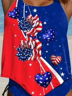 Online Women's Patriot Veteran Swimsuit Patriotic Tankini 2 Piece Cheeky Swimsuit Backless Vacation Beach Wear Flag U Neck Sleeveless Bathing Suits Women Independence Day Swimwear