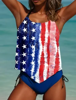 Online Women's Patriot Veteran Swimsuit Patriotic Tankini 2 Piece Cheeky Swimsuit Backless Vacation Beach Wear Flag U Neck Sleeveless Bathing Suits Women Independence Day Swimwear