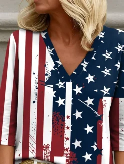Online Women's Patriotic Blouse Graphic Flag Elegant Stylish Casual 3/4 Length Sleeve V Neck Regular Tops Daily Holiday Going out Print Navy Blue Summer Spring Women Independence Day Top