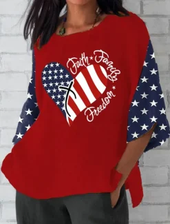 Outlet Women's Patriotic Blouse Graphic Flag Bohemia Vintage Tropical 3/4 Length Sleeve Crew Neck Regular Tops Daily Holiday Vacation Wear Print Black Red Gray Summer Spring Women Independence Day Top