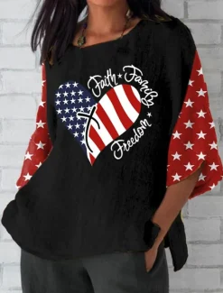 Outlet Women's Patriotic Blouse Graphic Flag Bohemia Vintage Tropical 3/4 Length Sleeve Crew Neck Regular Tops Daily Holiday Vacation Wear Print Black Red Gray Summer Spring Women Independence Day Top