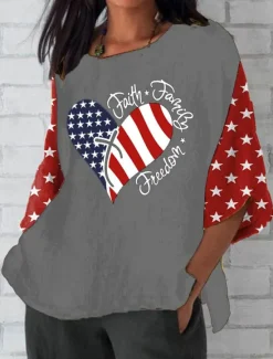 Outlet Women's Patriotic Blouse Graphic Flag Bohemia Vintage Tropical 3/4 Length Sleeve Crew Neck Regular Tops Daily Holiday Vacation Wear Print Black Red Gray Summer Spring Women Independence Day Top