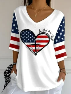 Hot Women's Patriotic Blouse Graphic Flag Vintage Tropical Stylish 3/4 Length Sleeve V Neck Regular Tops Daily Print Black White Red Blue Summer Spring Women Independence Day Top