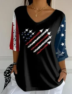 Hot Women's Patriotic Blouse Graphic Flag Vintage Tropical Stylish 3/4 Length Sleeve V Neck Regular Tops Daily Print Black White Red Blue Summer Spring Women Independence Day Top