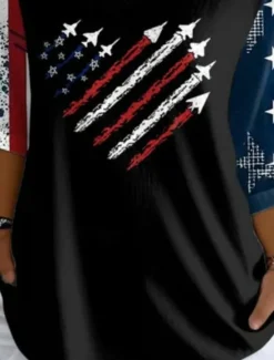 Hot Women's Patriotic Blouse Graphic Flag Vintage Tropical Stylish 3/4 Length Sleeve V Neck Regular Tops Daily Print Black White Red Blue Summer Spring Women Independence Day Top