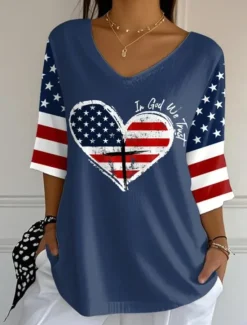 Hot Women's Patriotic Blouse Graphic Flag Vintage Tropical Stylish 3/4 Length Sleeve V Neck Regular Tops Daily Print Black White Red Blue Summer Spring Women Independence Day Top