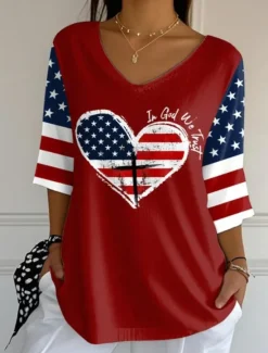 Hot Women's Patriotic Blouse Graphic Flag Vintage Tropical Stylish 3/4 Length Sleeve V Neck Regular Tops Daily Print Black White Red Blue Summer Spring Women Independence Day Top