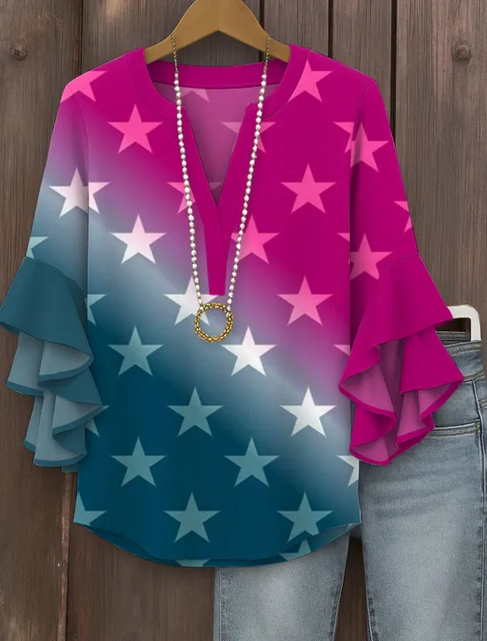 Clearance Women's Patriotic Blouse Graphic Flag Vintage Daily Ethnic 3/4 Length Sleeve V Neck Regular Tops Daily Holiday Vacation Wear Print Red Purple Fuchsia Orange Women Independence Day Top