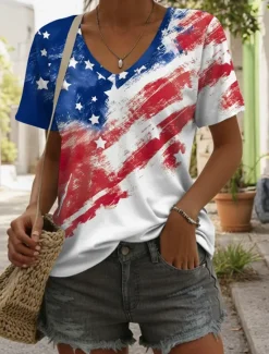 New Women's Patriotic Blouse Flag Casual Red White And Short Sleeve V Neck Regular Tops Daily Print Summer Spring Women Independence Day Top