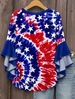 Best Women's Patriotic Blouse Layered Ruffle Sleeve Tops Graphic Flag Bohemia Vintage Ethnic 3/4 Length Sleeve V Neck Tops Daily Holiday Vacation Wear Print Red Royal Women Independence Day Top