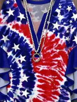 Best Women's Patriotic Blouse Layered Ruffle Sleeve Tops Graphic Flag Bohemia Vintage Ethnic 3/4 Length Sleeve V Neck Tops Daily Holiday Vacation Wear Print Red Royal Women Independence Day Top