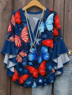 Best Women's Patriotic Blouse Layered Ruffle Sleeve Tops Graphic Flag Bohemia Vintage Ethnic 3/4 Length Sleeve V Neck Tops Daily Holiday Vacation Wear Print Red Royal Women Independence Day Top