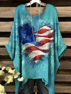 Discount Women's Patriotic Blouse Graphic Flag Elegant Vintage Daily Short Sleeve Batwing Sleeve Crew Neck Daily Holiday Vacation Wear Denim Blue Red Royal Blue Blue Green Women Independence Day Top