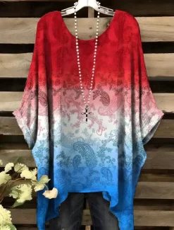 Discount Women's Patriotic Blouse Graphic Flag Elegant Vintage Daily Short Sleeve Batwing Sleeve Crew Neck Daily Holiday Vacation Wear Denim Blue Red Royal Blue Blue Green Women Independence Day Top
