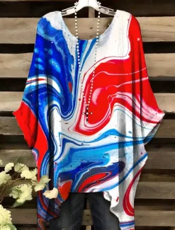 Discount Women's Patriotic Blouse Graphic Flag Elegant Vintage Daily Short Sleeve Batwing Sleeve Crew Neck Daily Holiday Vacation Wear Denim Blue Red Royal Blue Blue Green Women Independence Day Top