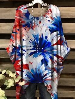 Discount Women's Patriotic Blouse Graphic Flag Elegant Vintage Daily Short Sleeve Batwing Sleeve Crew Neck Daily Holiday Vacation Wear Denim Blue Red Royal Blue Blue Green Women Independence Day Top