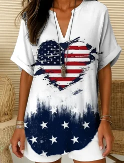 Sale Women's Patriotic Blouse Ombre Heart Flag Elegant Daily Stylish Short Sleeve V Neck Notched Neck Regular Tops Work Daily Holiday White Red Blue Summer Women Independence Day Top