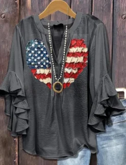 Hot Women's Patriotic Blouse Graphic Flag Vintage Daily Stylish 3/4 Length Sleeve Flutter Sleeve V Neck Regular Tops Daily Holiday Wear Ruffle Print Red Dark Gray Women Independence Day Top