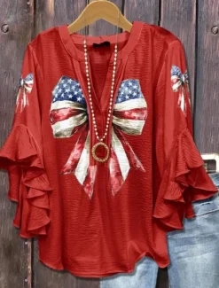 Hot Women's Patriotic Blouse Graphic Flag Vintage Daily Stylish 3/4 Length Sleeve Flutter Sleeve V Neck Regular Tops Daily Holiday Wear Ruffle Print Red Dark Gray Women Independence Day Top