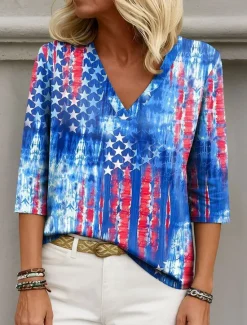 Clearance Women's Patriotic Blouse Graphic Flag Elegant Stylish Casual 3/4 Length Sleeve V Neck Regular Tops Daily Holiday Going out Print Summer Spring Women Independence Day Top