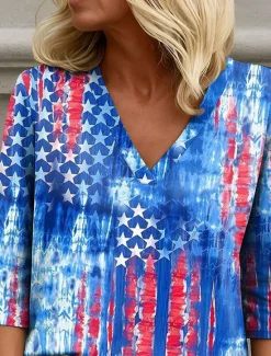 Clearance Women's Patriotic Blouse Graphic Flag Elegant Stylish Casual 3/4 Length Sleeve V Neck Regular Tops Daily Holiday Going out Print Summer Spring Women Independence Day Top