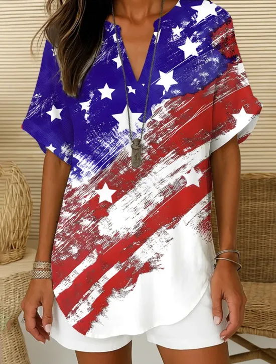 Clearance Women's Patriotic Blouse Ombre Graphic Flag Elegant Vintage Tropical Short Sleeve V Neck Notched Neck Regular Tops Daily Holiday White Red Navy Blue Blue Sky Blue Women Independence Day Top