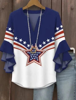 Sale Women's Patriotic Blouse Graphic Flag Vintage Tropical Daily 3/4 Length Sleeve V Neck Regular Tops Daily Holiday Vacation Wear Print Blue Purple Green Summer Spring Women Independence Day Top