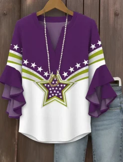 Sale Women's Patriotic Blouse Graphic Flag Vintage Tropical Daily 3/4 Length Sleeve V Neck Regular Tops Daily Holiday Vacation Wear Print Blue Purple Green Summer Spring Women Independence Day Top