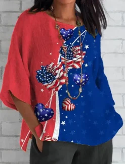 Discount Women's Patriotic Blouse Graphic Flag Bohemia Vintage Tropical 3/4 Length Sleeve Crew Neck Regular Tops Daily Holiday Vacation Wear Print Red Blue Gray Summer Spring Women Independence Day Top