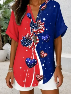 Hot Women's Patriotic Blouse Graphic Flag Vintage Daily Stylish Short Sleeve V Neck Regular Tops Daily Holiday Denim Blue Red Blue Dusty Blue Summer Spring Women Independence Day Top